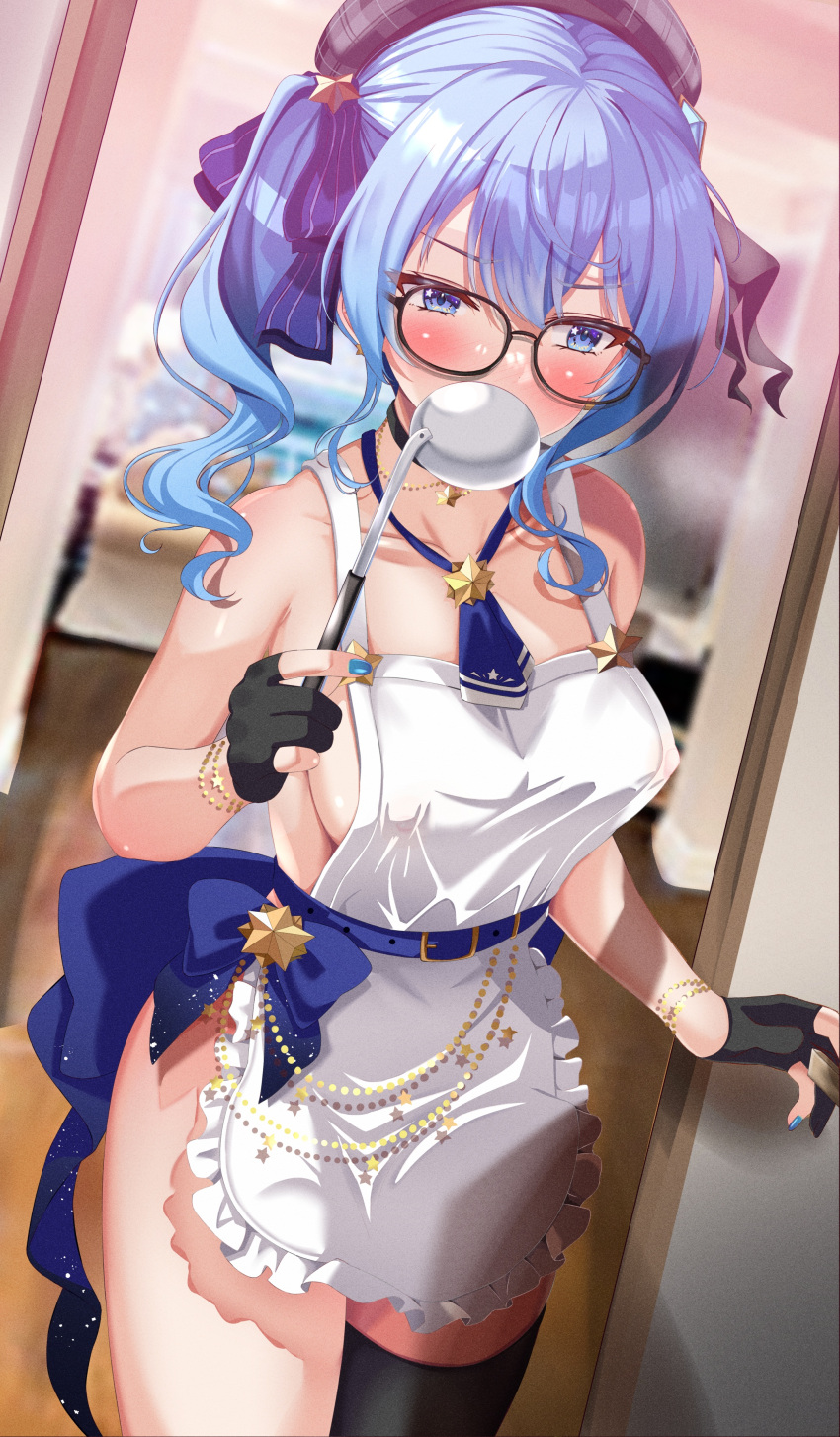 1girl absurdres apron ascot bare_shoulders beret black_choker black_gloves blue_ascot blue_eyes blue_hair blue_ribbon blush breasts choker commentary covered_nipples earrings english_commentary glasses gloves grey_headwear hair_between_eyes hair_ribbon hat highres hololive hoshimachi_suisei inui_nakiru jewelry looking_at_viewer medium_breasts medium_hair naked_apron partially_fingerless_gloves plaid plaid_headwear ribbon side_ponytail sideboob solo star_(symbol) star_choker star_earrings star_in_eye symbol_in_eye thighs virtual_youtuber white_apron