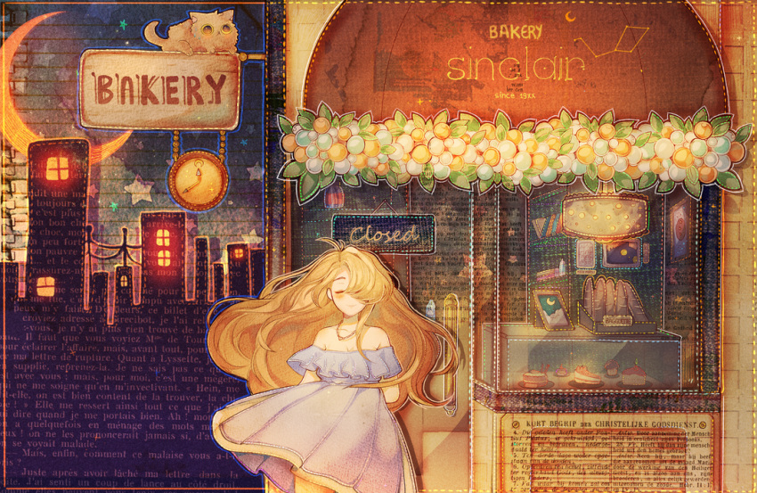 1girl ahoge arms_behind_back bakery blonde_hair blush breasts cake cat cityscape cleavage clock closed_eyes closed_mouth closed_sign clothes_lift commission constellation_print crescent_moon dress dress_lift english_commentary flower flower_bed food frilled_dress frills gold_necklace hoshi-pan jewelry leaf long_hair medium_breasts moon necklace night night_sky off-shoulder_dress off_shoulder original outdoors picture_(object) plate power_lines purple_dress shop short_dress sky smile star_(symbol) white_flower window yellow_trim