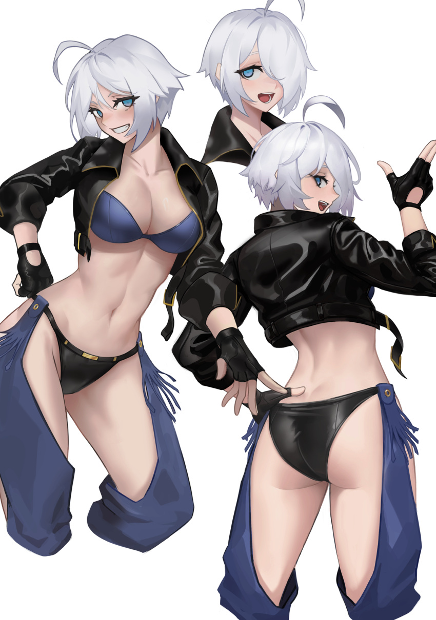 1girl angel angel_(kof) arc2urus backless_pants blue_eyes boots bra breasts chaps cleavage cowboy_boots crop_top cropped_jacket fingerless_gloves gloves hair_over_one_eye highres horns_pose index_fingers_raised jacket large_breasts leather leather_jacket looking_at_viewer midriff navel panties pants short_hair smile snk solo strapless strapless_bra the_king_of_fighters the_king_of_fighters_xiv toned underwear white_hair