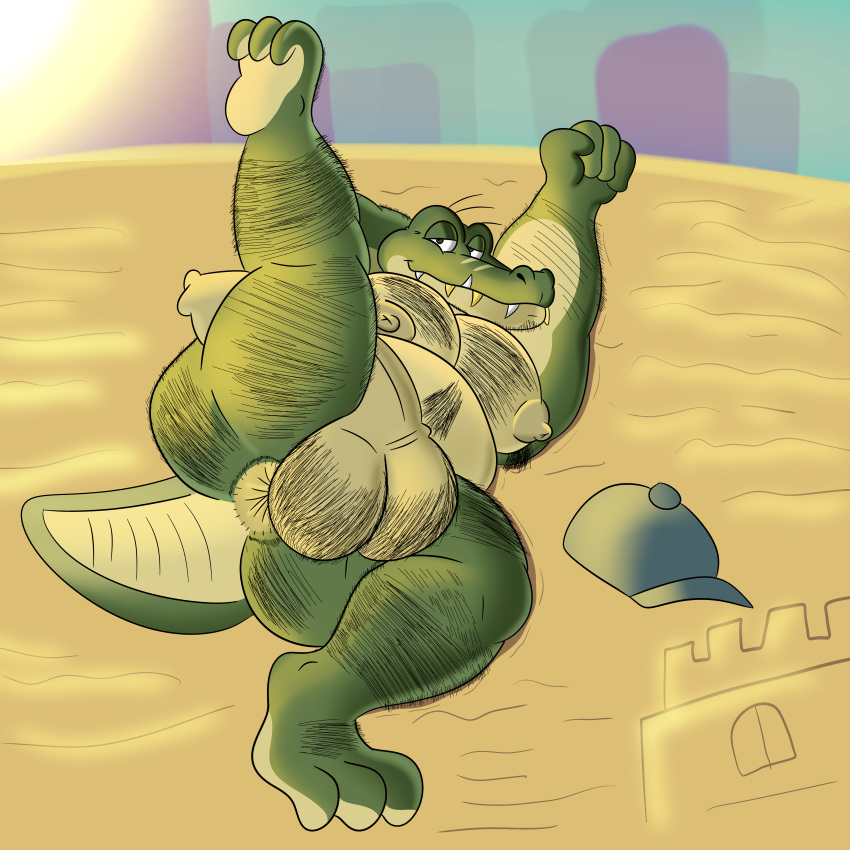 absurd_res alligator alligatorid anthro balls beach body_hair butt_hair chest_hair clothing crocodilian genitals hairy hairy_balls hat headgear headwear hi_res humanoid leg_hair light looking_at_viewer male musclegut nude_beach possbooty raised_leg reptile sand scalie seaside slightly_chubby solo sunlight