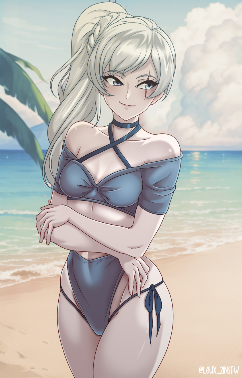 1girl absurdres artist_name bare_shoulders beach bikini blue_bikini blue_choker blue_eyes blue_sky breasts choker closed_mouth cloud collarbone cowboy_shot day english_commentary facing_viewer high_side_ponytail highres leux21eraser long_hair looking_to_the_side ocean outdoors rwby scar scar_across_eye scar_on_face sky small_breasts smile solo swimsuit weiss_schnee white_hair