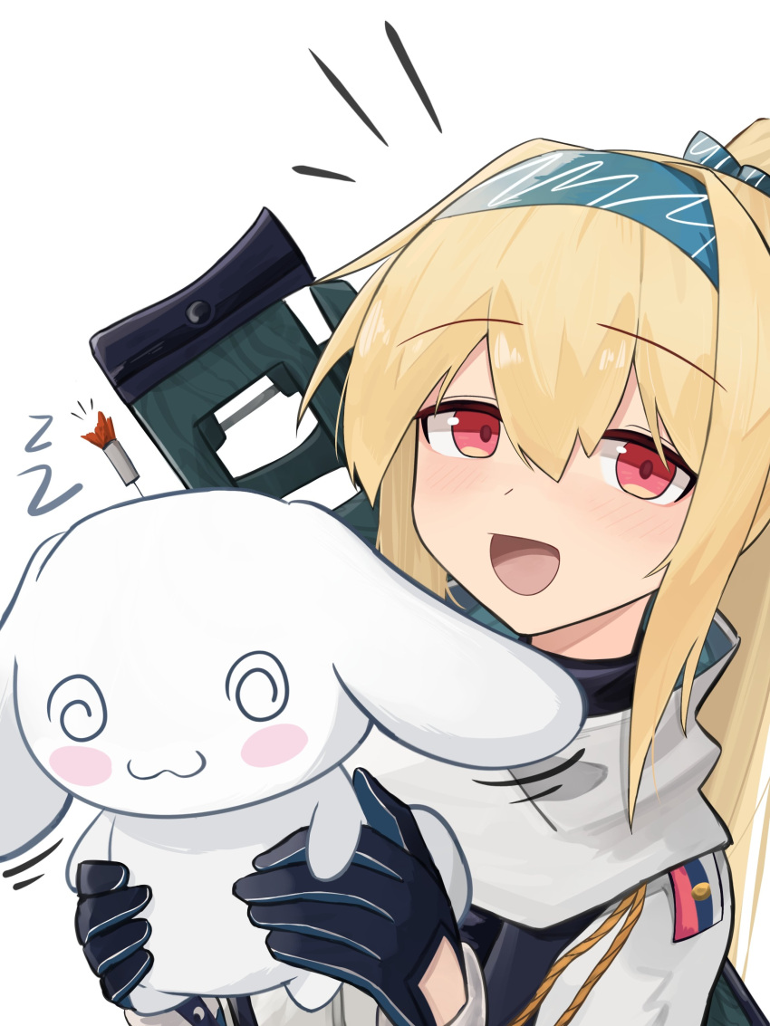 1girl :3 :d @_@ absurdres animal black_gloves blonde_hair blue_hairband blush_stickers bolt_action closed_mouth commentary gamryous girls'_frontline gloves gun hair_between_eyes hairband hands_up highres holding holding_animal jacket long_hair looking_at_viewer name_connection notice_lines object_namesake ponytail rabbit red_eyes rifle scarf simple_background smile sniper_rifle solo sv-98 sv-98_(girls'_frontline) tranquilizer_dart weapon white_background white_jacket white_scarf zzz