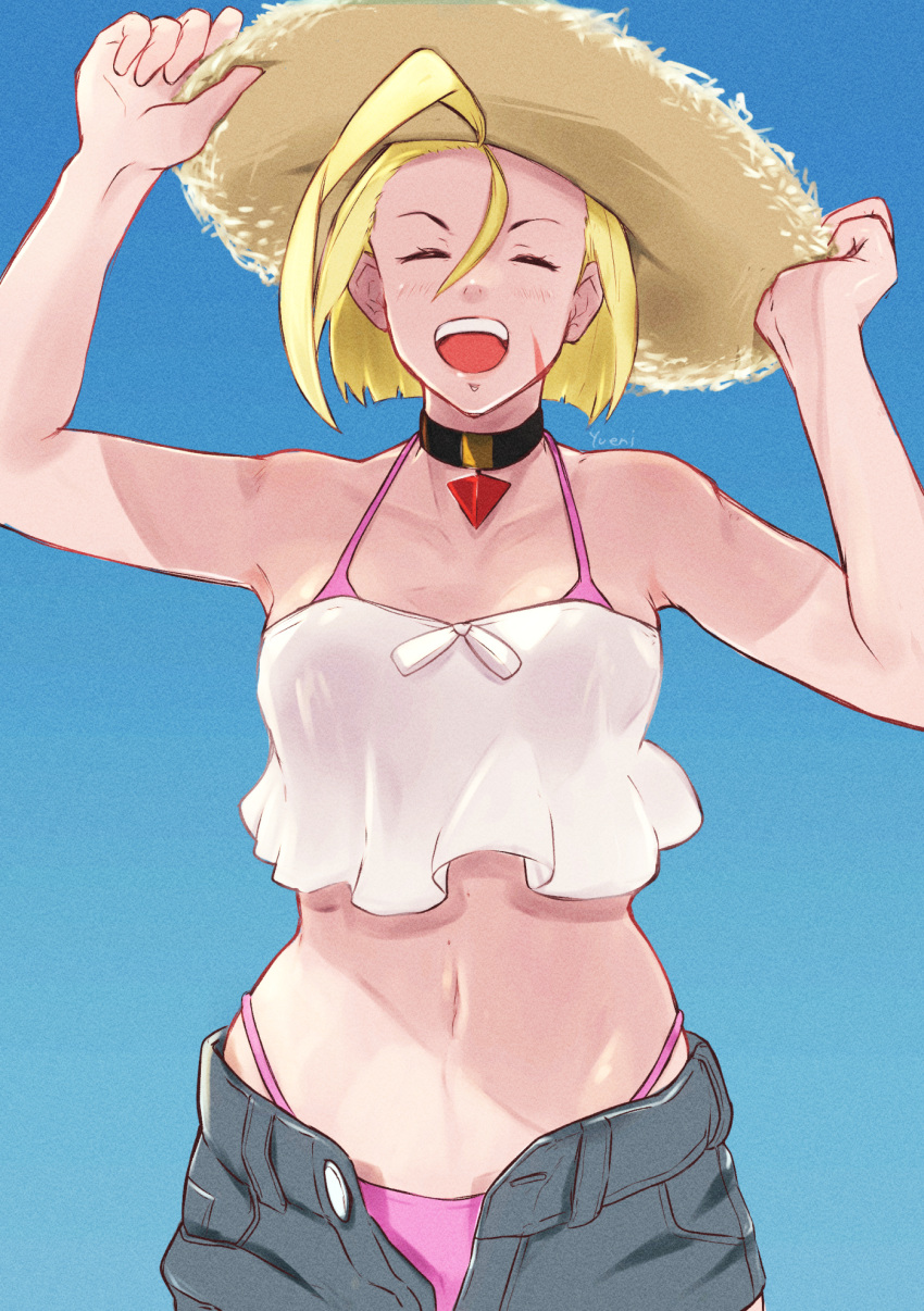 1girl ahoge bikini bikini_under_clothes blonde_hair cammy_white choker closed_eyes commentary_request cowboy_shot gradient_background hands_on_headwear hat highres huge_ahoge navel open_fly open_mouth pendant_choker scar scar_on_face shirt short_hair shorts signature smile solo strapless strapless_shirt straw_hat street_fighter street_fighter_6 sun_hat swimsuit yuenibushi