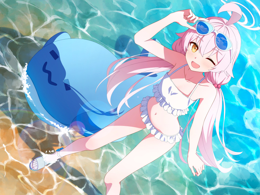 1girl ;d absurdres adjusting_eyewear ahoge armpits beach bikini blue_archive collarbone commentary_request eyewear_on_head frilled_bikini frills from_above hair_between_eyes hair_bobbles hair_ornament halo highres hoshino_(blue_archive) hoshino_(swimsuit)_(blue_archive) leaning_forward long_hair looking_at_viewer looking_up low_twintails navel ocean official_alternate_costume official_alternate_hairstyle one_eye_closed outdoors pink_hair rankebu sandals shallow_water sidelocks sleeveless smile solo stomach stuffed_whale sunglasses swimsuit twintails water white_bikini yellow_eyes