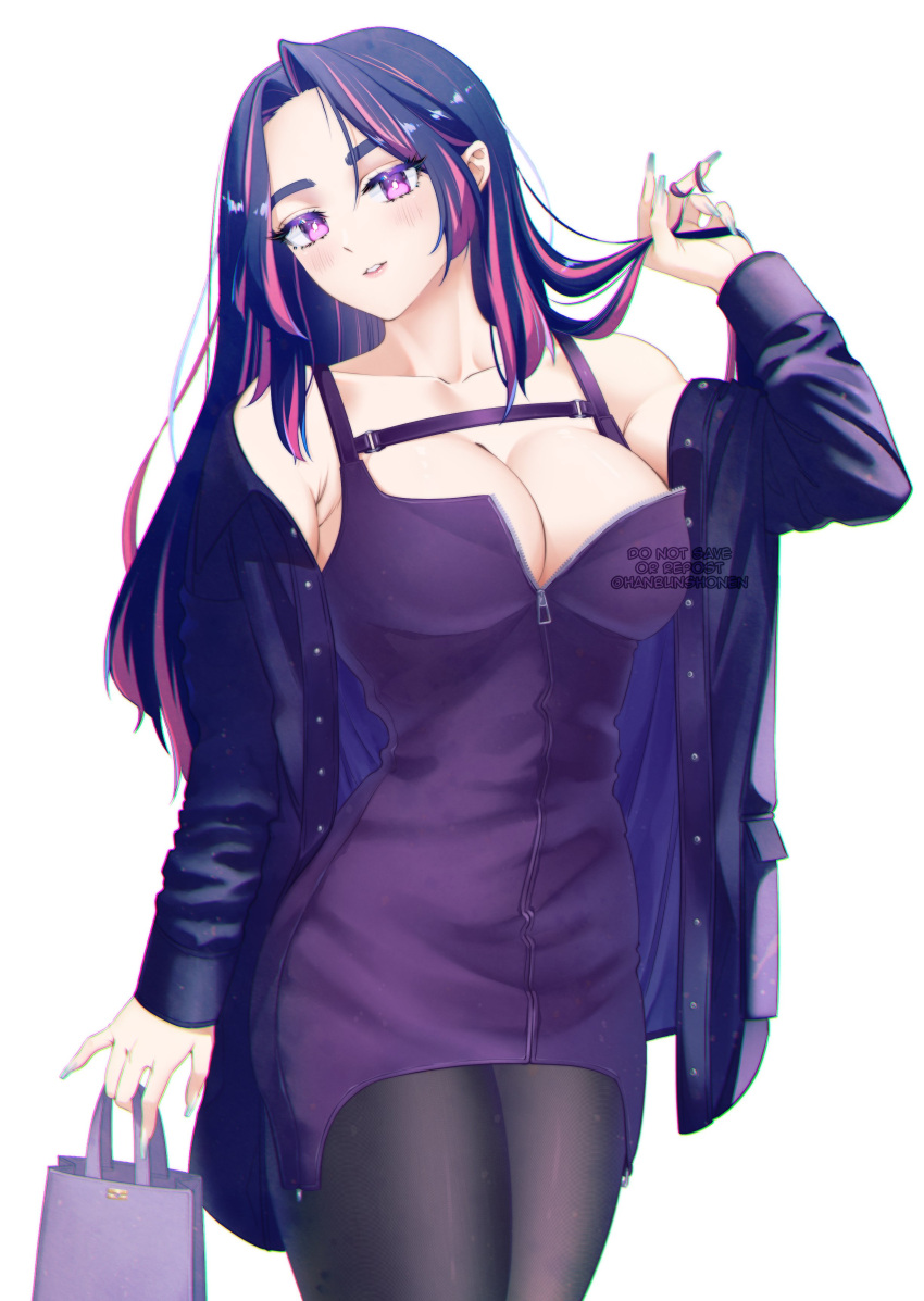 1girl absurdres bag bare_shoulders blush boku_no_hero_academia breasts cleavage collarbone hand_in_own_hair handbag highres jacket jacket_partially_removed lady_nagant large_breasts looking_at_viewer nail_polish open_clothes open_jacket pantyhose purple_eyes purple_hair simple_background solo white_background zipper zipper_dress