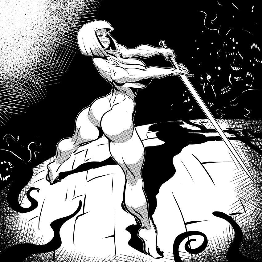 1girl absurdres ass bob_cut breasts clumzor completely_nude darkness freckles highres holding holding_sword holding_weapon huge_ass large_breasts looking_back monochrome muscular muscular_female nude original short_hair smile solo sword tentacles weapon