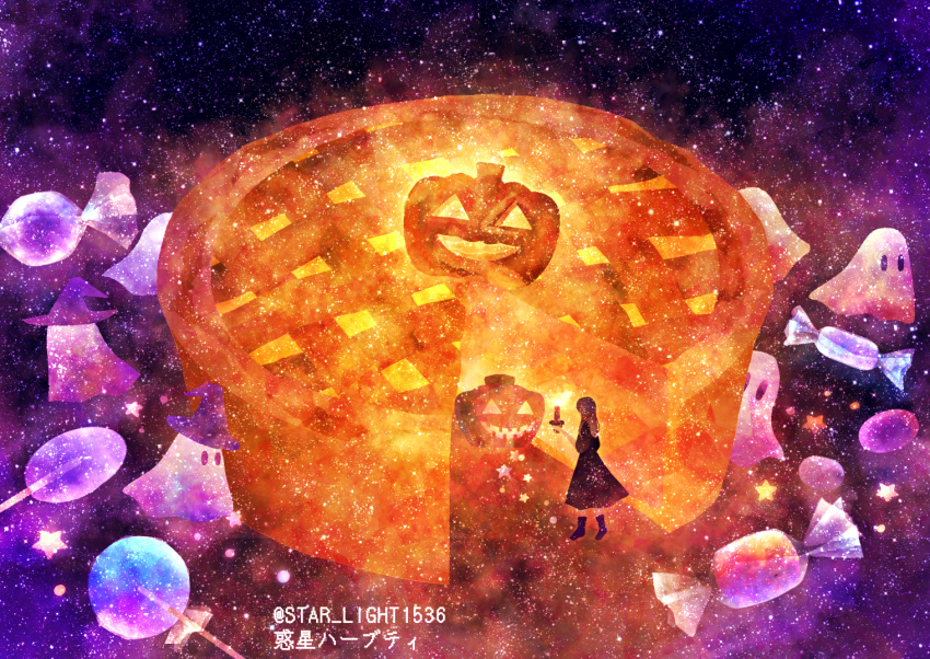 1girl black_dress candle candy dress food ghost halloween hat jack-o'-lantern lollipop long_hair original pie rinetto_kyandie star_(sky) star_(symbol) starry_background wakusei_habuti witch_hat wrapped_candy