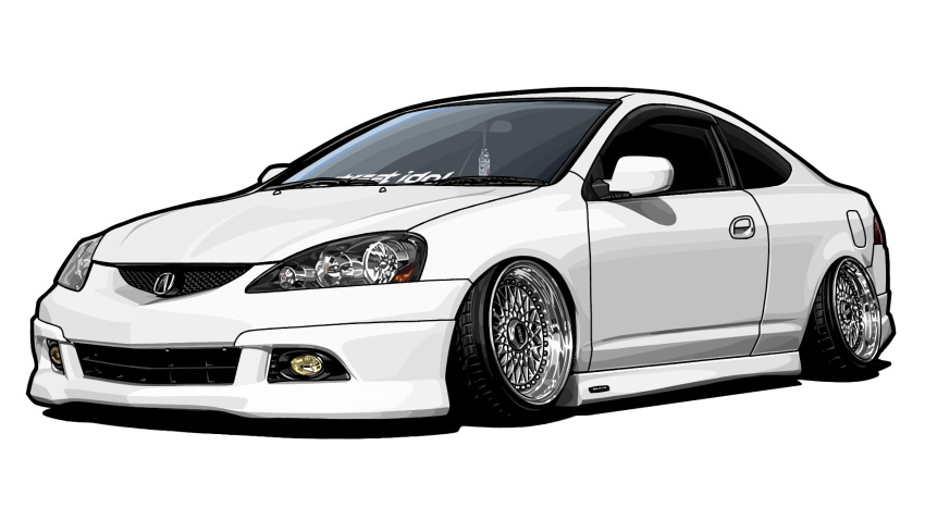 acura_(brand) car highres honda_integra kaizou-sha_no_illust_bot motor_vehicle no_humans original shadow simple_background solo stance_(vehicle) vehicle_focus white_background white_car