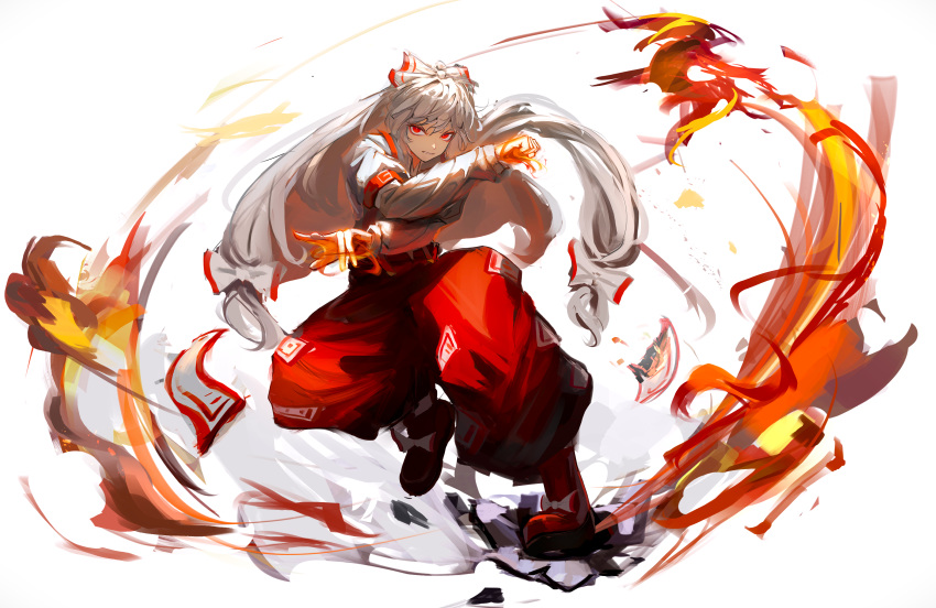 1girl absurdres baggy_pants boots bow clenched_teeth collared_shirt fire fujiwara_no_mokou full_body hair_bow highres long_hair long_sleeves pants red_eyes red_footwear red_pants shirt simple_background sleeve_garter solo suspenders teeth touhou white_background white_bow white_hair white_shirt yuhel