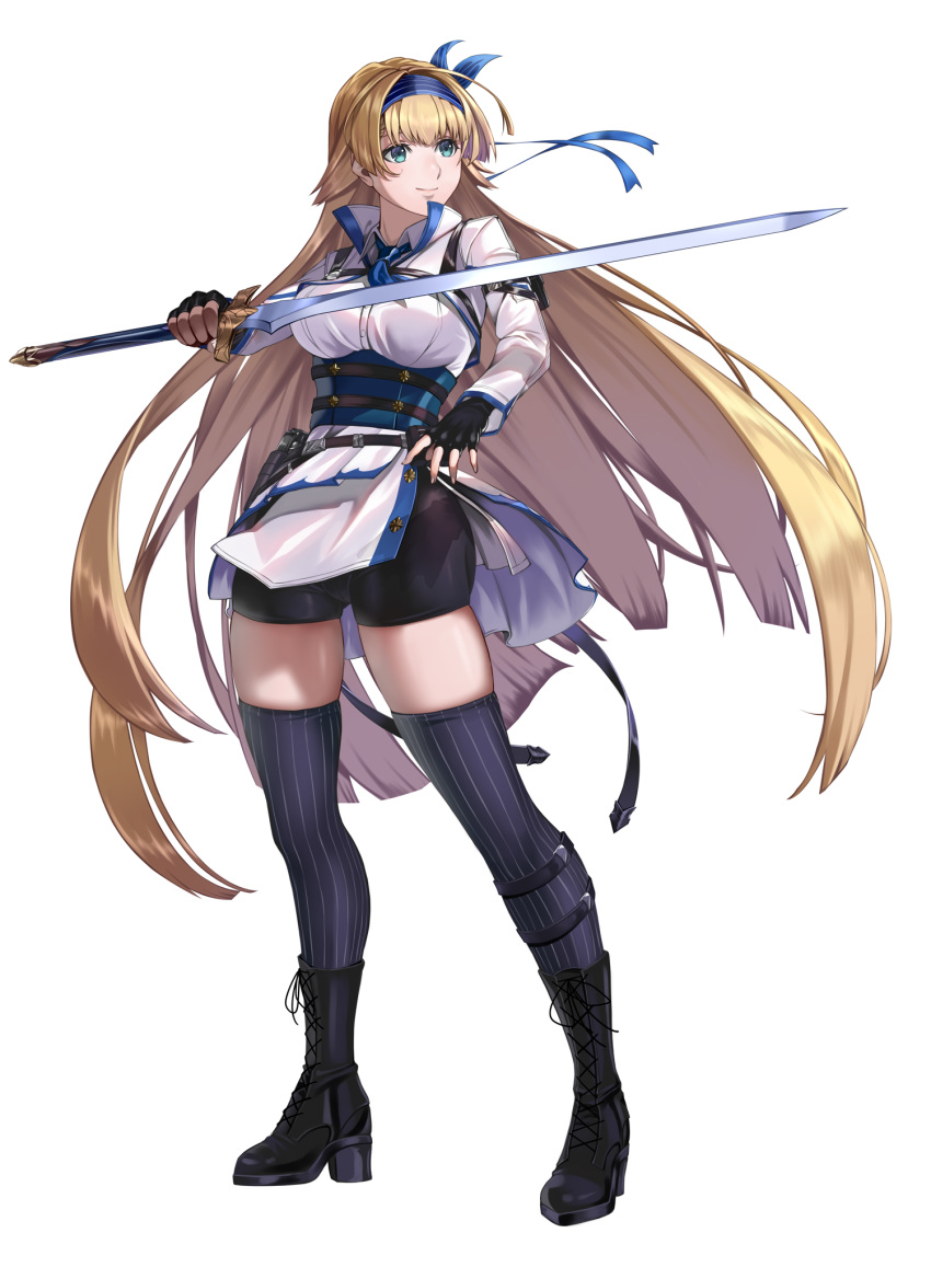 1girl belt black_belt black_footwear black_gloves black_shorts black_thighhighs blonde_hair blue_eyes blue_hairband boots breasts commentary_request delsaber full_body gloves hairband high_heel_boots high_heels highres holding holding_sword holding_weapon large_breasts long_hair long_sleeves original shirt short_shorts shorts simple_background smile solo standing sword thighhighs thighs very_long_hair weapon white_background white_shirt