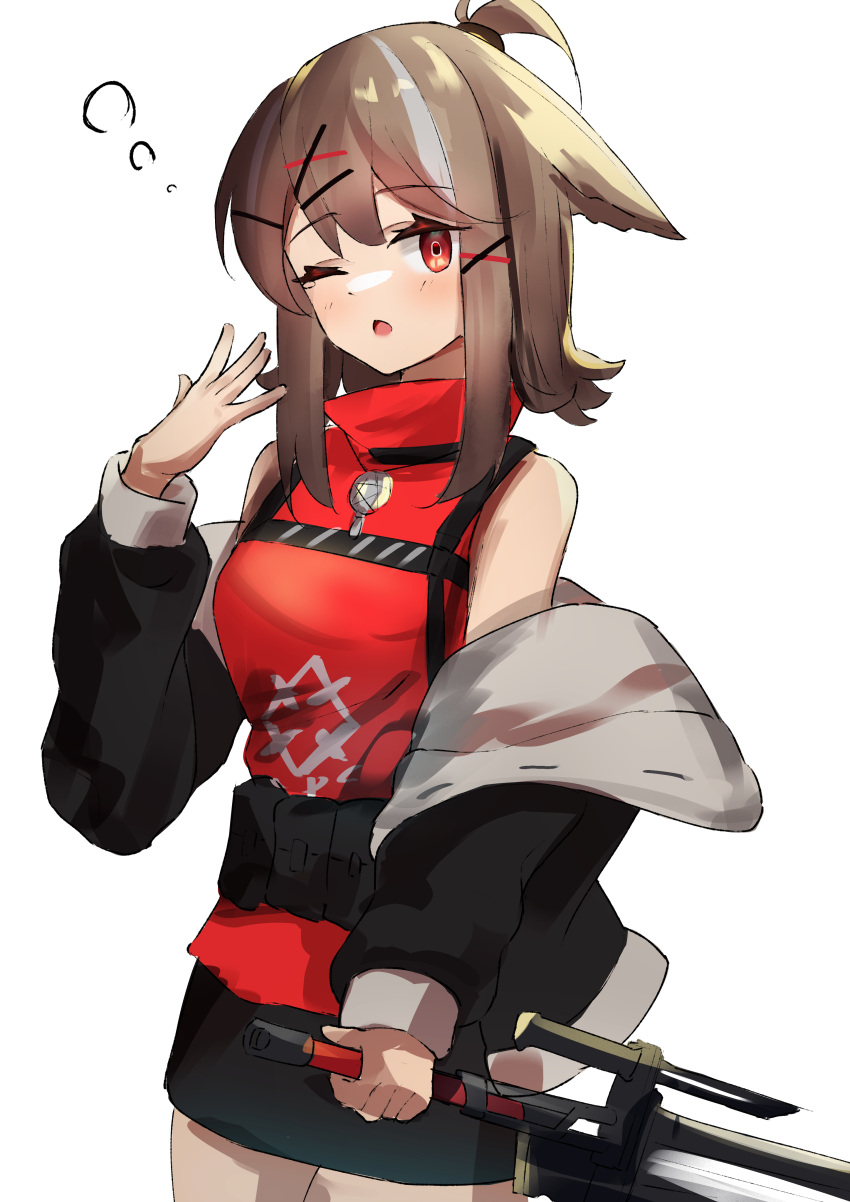 1girl :o absurdres animal_ears arknights black_jacket black_skirt blush brown_hair cowboy_shot cutter_(arknights) fox_ears fox_girl hair_ornament hairclip highres holding holding_sword holding_weapon jacket looking_at_viewer off_shoulder one_eye_closed open_clothes open_jacket open_mouth red_eyes red_shirt riu_kawano shirt short_hair short_ponytail simple_background skirt sleepy sleeveless sleeveless_shirt solo sword topknot weapon white_background x_hair_ornament