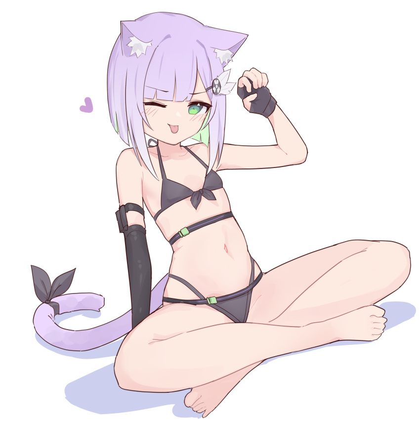 1girl absurdres animal_ear_fluff animal_ears barefoot bikini black_bikini black_gloves cat_ears cat_girl cat_tail colored_inner_hair fingerless_gloves full_body gloves green_eyes green_hair hand_up heart highres indian_style indie_virtual_youtuber looking_at_viewer lyrinne multicolored_hair navel one_eye_closed purple_hair second-party_source shwaa simple_background sitting solo swimsuit tail toes tongue tongue_out virtual_youtuber white_background