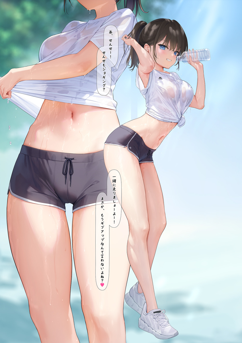 1girl arm_up black_hair black_shorts blue_eyes blurry blurry_background blush bottle breasts commentary_request cross-laced_footwear depth_of_field dolphin_shorts dripping full_body grin hair_behind_ear highres holding holding_bottle large_breasts leaning_forward legs long_legs looking_at_viewer medium_hair midriff mignon multiple_views naughty_face navel no_socks original oshiego-chan_(mignon) outdoors parted_lips playing_with_own_hair ponytail pouring pouring_onto_self shirt shoes short_shorts shorts side_slit side_slit_shorts smile sneakers standing stomach t-shirt teeth thighs tied_drawstring tied_shirt translation_request water_bottle wet wet_clothes wet_shirt white_footwear white_shirt