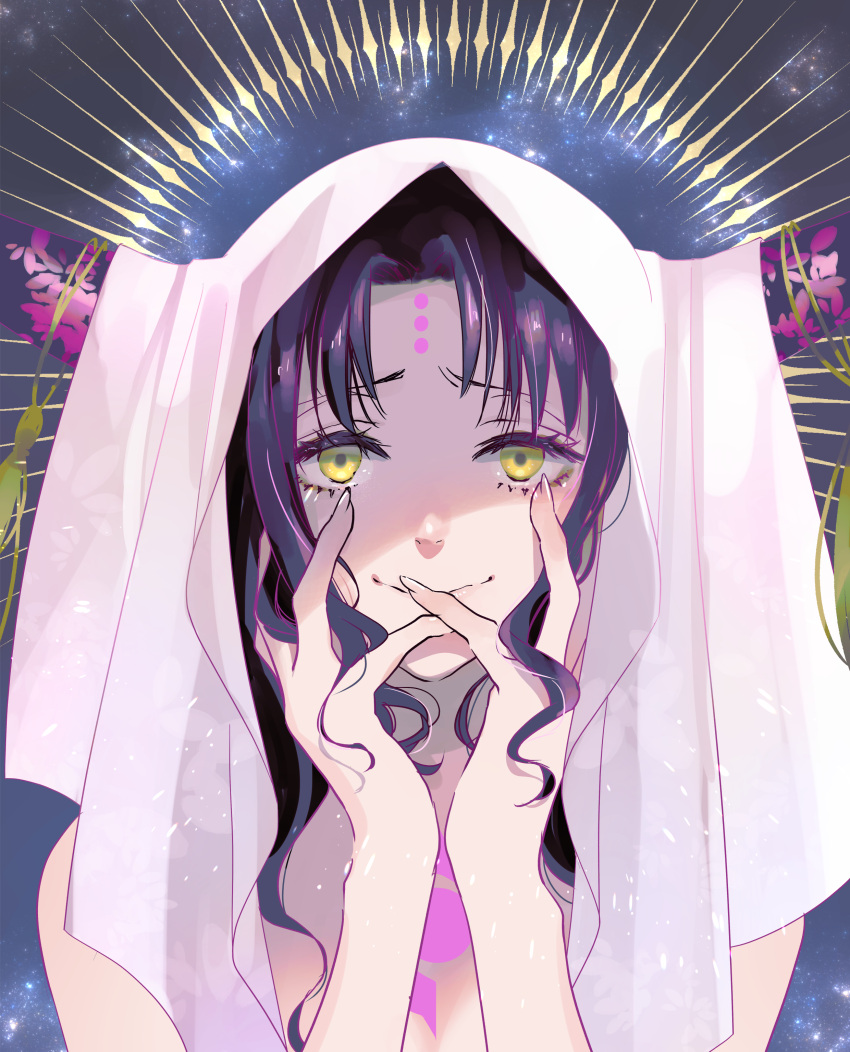 absurdres black_hair facial_mark fate/grand_order fate_(series) forehead_mark gold_tassel hands_on_own_face henna highres multicolored_hair sessyoin_kiara sessyoin_kiara_(beast_iii/r) star_(sky) streaked_hair thick_eyelashes topless vuipui white_hood yellow_eyes