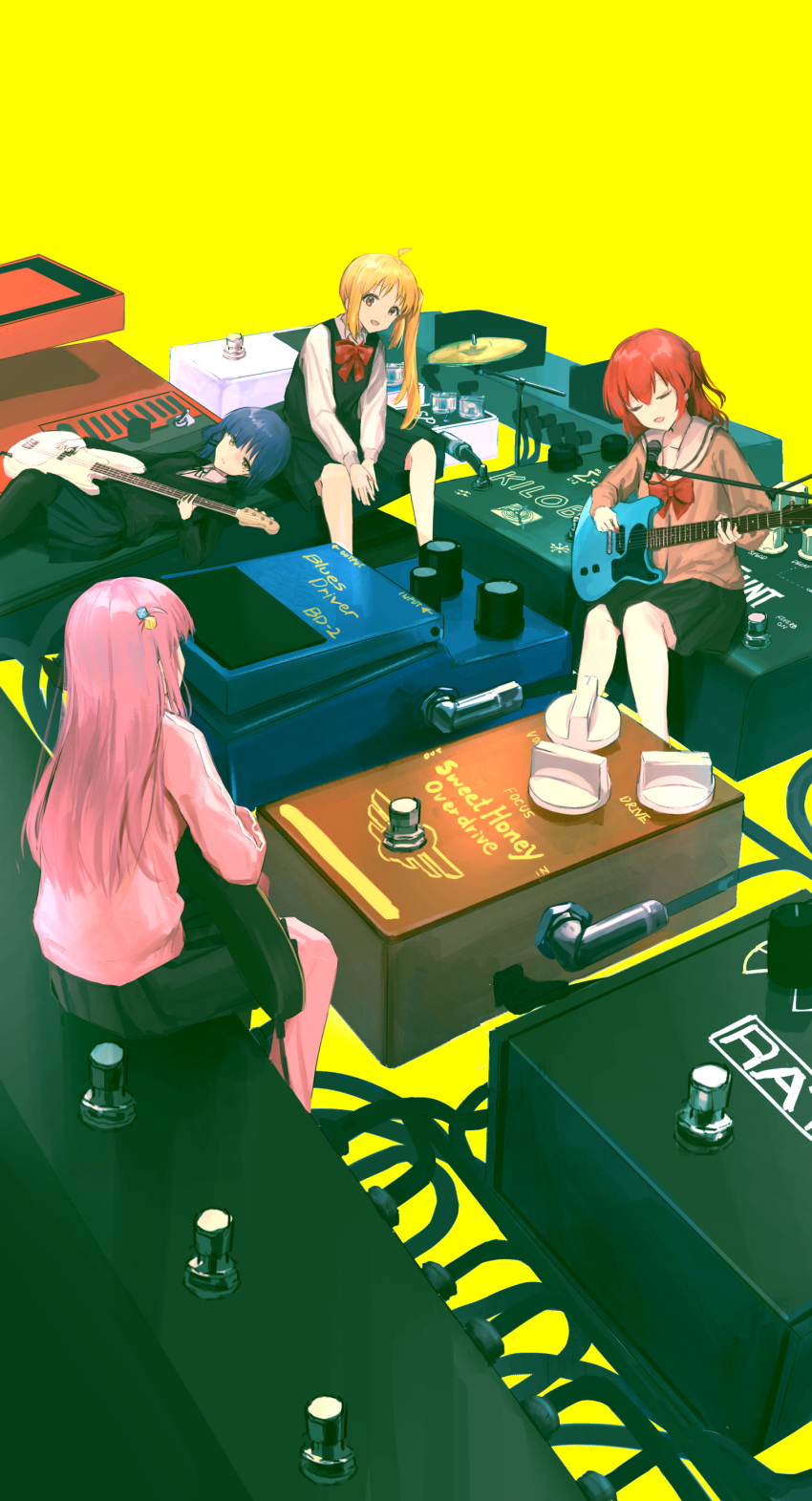 4girls absurdres ahoge black_skirt black_vest blonde_hair blue_hair bocchi_the_rock! bow bowtie brown_eyes closed_eyes effects_pedal facing_another gotou_hitori guitar hair_bobbles hair_ornament highres holding holding_instrument ijichi_nijika instrument kita_ikuyo looking_at_another lying microphone microphone_stand minigirl mole mole_under_eye multiple_girls music on_back one_side_up pants pants_under_skirt pink_hair pink_track_suit playing_instrument pleated_skirt red_bow red_bowtie red_hair school_uniform seikatsu shimokitazawa_high_school_uniform shirt shuka_high_school_uniform side_ponytail simple_background sitting skirt smile vest white_shirt yamada_ryou yellow_background yellow_eyes