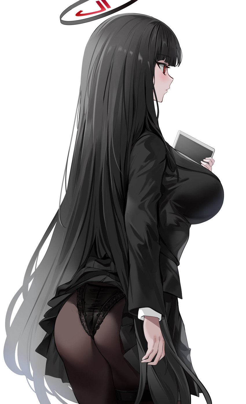 1girl absurdres accidental_exposure ass black_hair black_pantyhose black_skirt black_suit blue_archive blunt_bangs blush breasts formal halo highres holster lace-trimmed_panties lace_trim large_breasts long_hair long_sleeves panties panties_over_pantyhose pantyhose pleated_skirt red_eyes rio_(blue_archive) skirt solo suit tablet_pc thigh_holster underwear very_long_hair white_background yuki_(asayuki101)