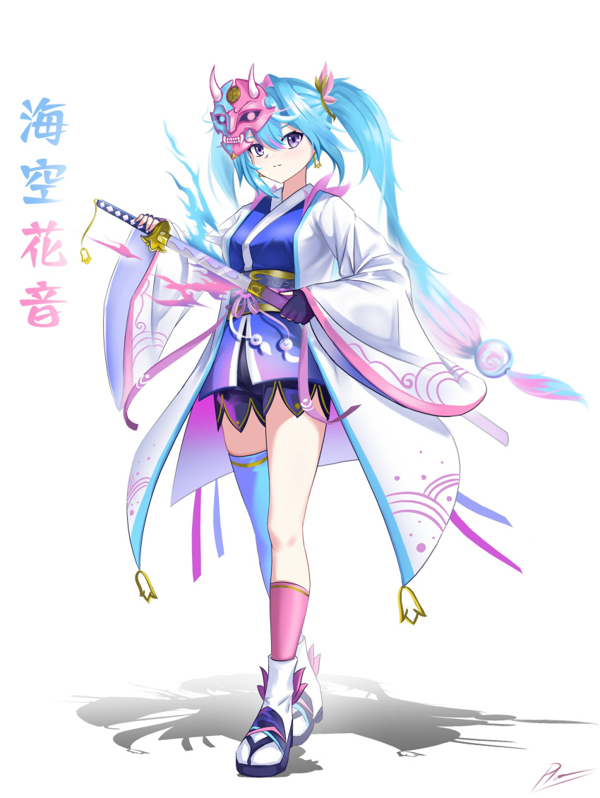 1girl absurdres asymmetrical_legwear cloud_print drawing_sword fire highres hitatsuphat holding holding_sword holding_weapon japanese_clothes katana kimono mask mismatched_legwear misora_kanon multicolored_hair nijigen_project obi oni_mask purple_eyes sash sword vietnamese_commentary virtual_youtuber weapon white_background wide_sleeves