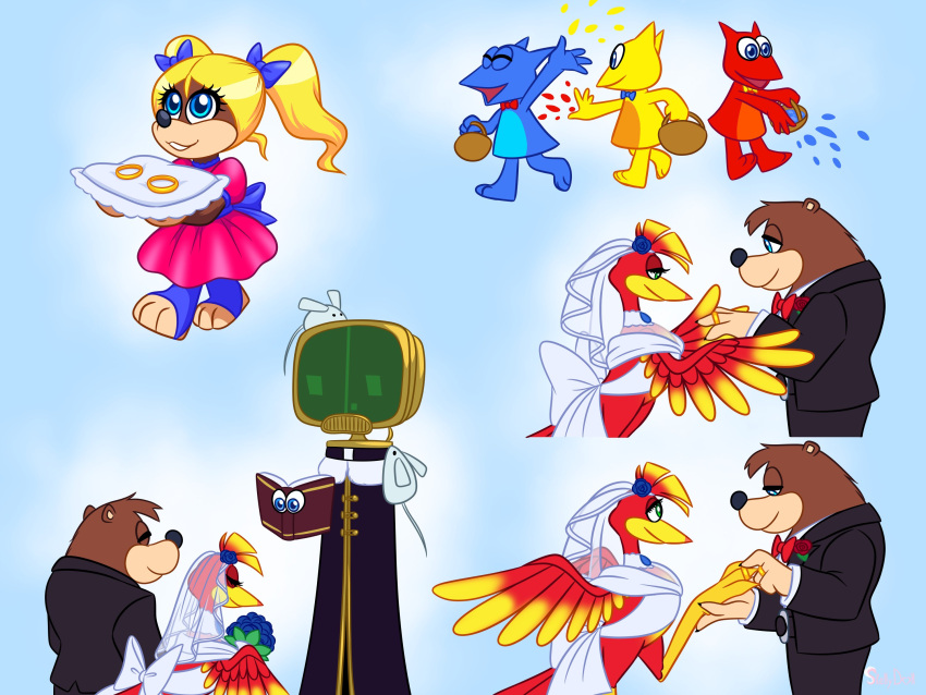 anthro avian banjo-kazooie banjo_(banjo-kazooie) bear bird clothing digit_ring dress female feral hi_res jewelry kazooie male male/female mammal rareware ring skeletonguys-and-ragdolls tooty wedding_clothing wedding_dress wedding_ring