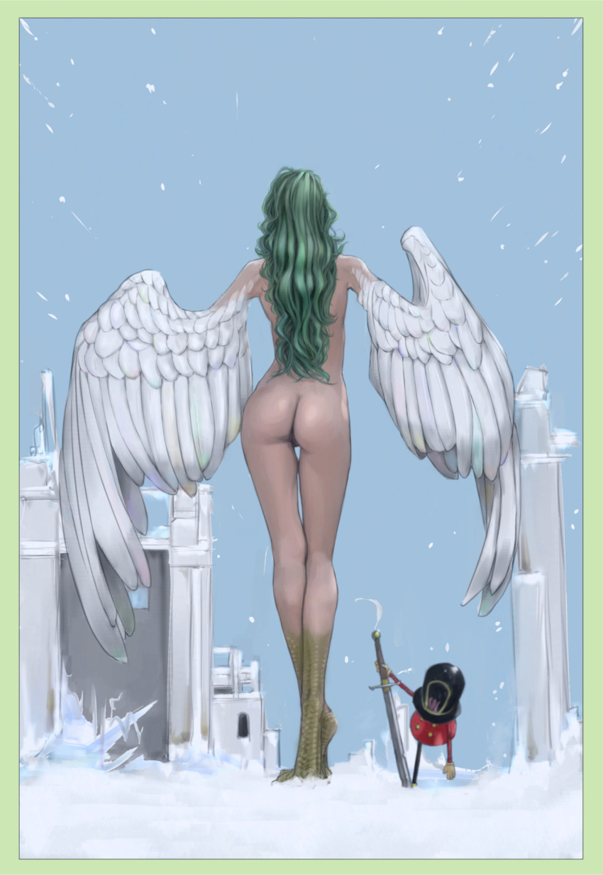 1girl ass back bird_legs border chipped_sword commentary_request completely_nude contrapposto crossed_ankles facing_away feathered_wings feathers from_behind green_border green_hair harpy highres long_hair monet_(one_piece) monster_girl nude nudist one_piece outdoors revision snow standing sword thigh_gap thunder_soldier wavy_hair weapon white_wings winged_arms wings youno_senichi