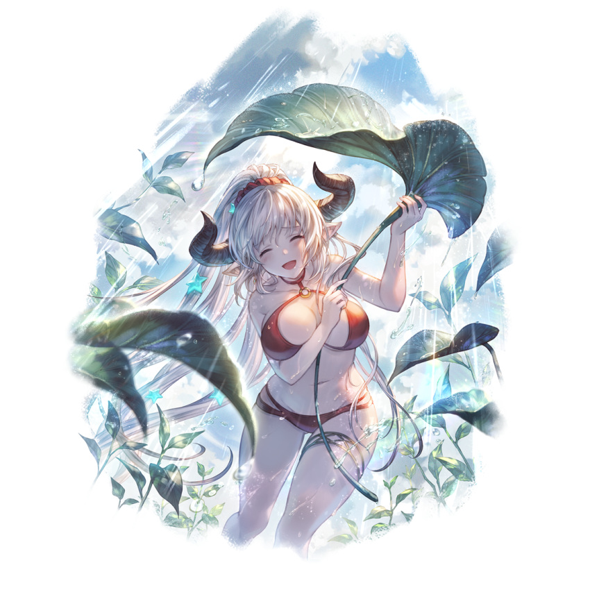 1girl aliza_(granblue_fantasy) alpha_transparency bikini blush breasts cleavage closed_eyes draph granblue_fantasy horns large_breasts leaf_umbrella long_hair looking_at_viewer minaba_hideo navel official_art open_mouth pointy_ears ponytail rain red_bikini smile solo swimsuit transparent_background very_long_hair water wet