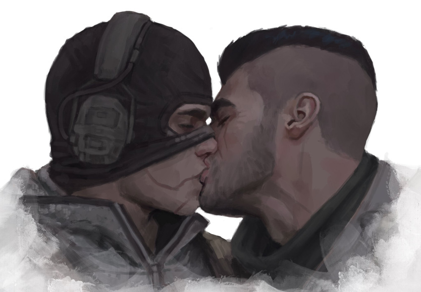 2boys aidenlydia black_hair black_jacket call_of_duty call_of_duty:_modern_warfare_2 closed_eyes couple facial_hair ghost_(modern_warfare_2) highres jacket kiss male_focus mask mask_lift multiple_boys short_hair sidecut simple_background skull_mask soap_(modern_warfare_2) upper_body white_background yaoi