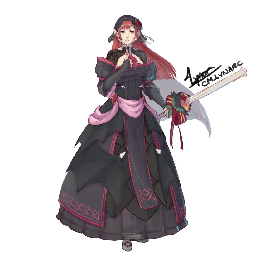 1girl alternate_color alternate_costume artist_name black_dress bridal_gauntlets bride_(fire_emblem) cherche_(fire_emblem) cm_lynarc dress fire_emblem fire_emblem_awakening fire_emblem_heroes flower full_body hair_flower hair_ornament highres holding holding_sword holding_weapon long_hair looking_at_viewer pink_eyes pink_hair signature smile solo sword weapon wedding_dress white_background