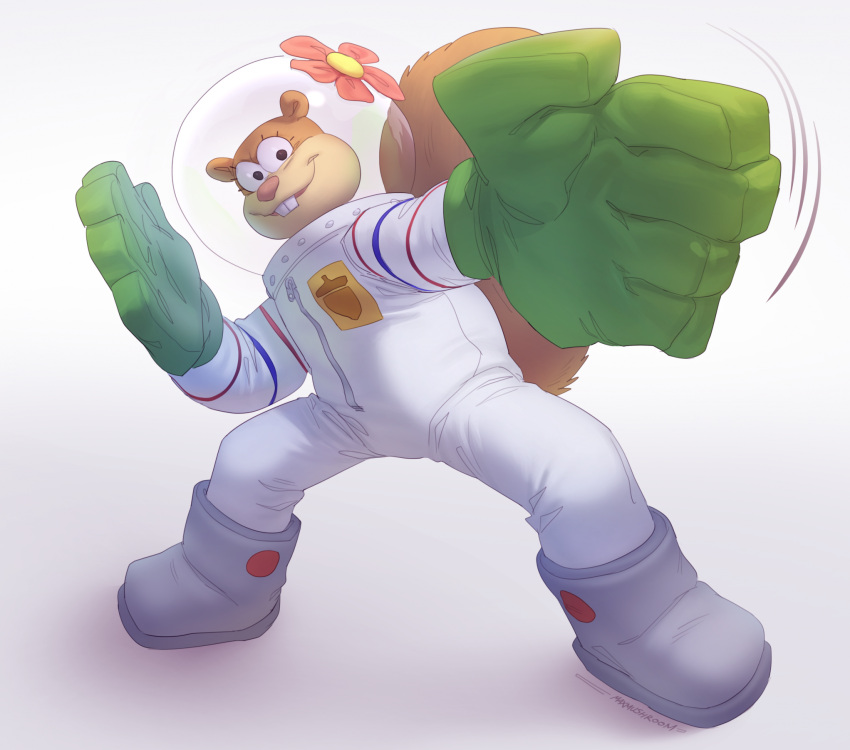 2023 action_pose anthro armor buckteeth clothed clothing female fully_clothed gloves handwear headgear helmet hi_res karate looking_at_viewer mammal maxmushroom nickelodeon pose rodent sandy_cheeks sciurid simple_background solo spongebob_squarepants standing teeth tree_squirrel white_background