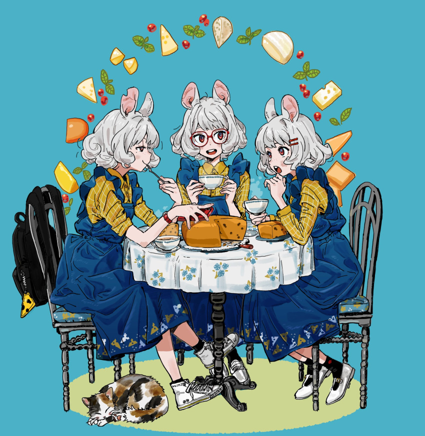 3girls animal_ears blue_background blue_dress bracelet buttoned_cuffs buttons calico cat chair cheese cherry_tomato collared_shirt cup curly_hair dress eating food fork fusuma_(nohbrk) glasses herb highres holding holding_cup holding_fork holding_phone jewelry looking_at_another mouse_ears mouse_girl multiple_girls original phone red_eyes shirt shoes short_hair simple_background sitting sleeves_rolled_up sneakers table tablecloth talking teacup tomato white_footwear white_hair yellow_shirt