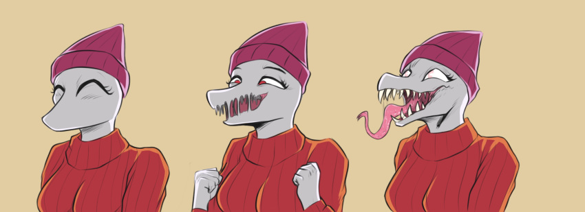 5_fingers anthro beanie breasts clothing colored deadassspider dinosaur erin_(snoot_game) eyes_closed female fingers fist forked_tongue hat headgear headwear hi_res long_tongue narrowed_eyes open_mouth red_eyes reptile scalie sequence sharp_teeth simple_background smile snoot_game snout solo sweater teeth tongue topwear