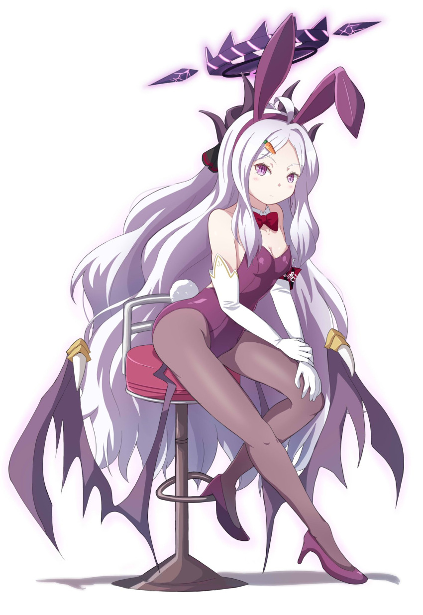1girl ahoge alternate_costume animal_ears arm_support armband bar_stool bare_shoulders bent_over black_pantyhose blue_archive bow bowtie breasts carrot_hair_ornament cleavage commentary_request demon_girl demon_horns demon_wings detached_collar elbow_gloves fake_animal_ears fake_tail food-themed_hair_ornament forehead full_body gloves hair_ornament hairband hairclip halo high_heels highleg highleg_leotard highres hina_(blue_archive) horns leotard long_hair looking_at_viewer on_stool pantyhose parted_bangs playboy_bunny ponytail purple_eyes purple_footwear purple_leotard rabbit_ears rabbit_tail red_armband red_bow red_bowtie sidelocks simple_background sitting sleeveless small_breasts solo stool strapless strapless_leotard tail wavy_hair white_background white_gloves white_hair wings yukimi_unagi