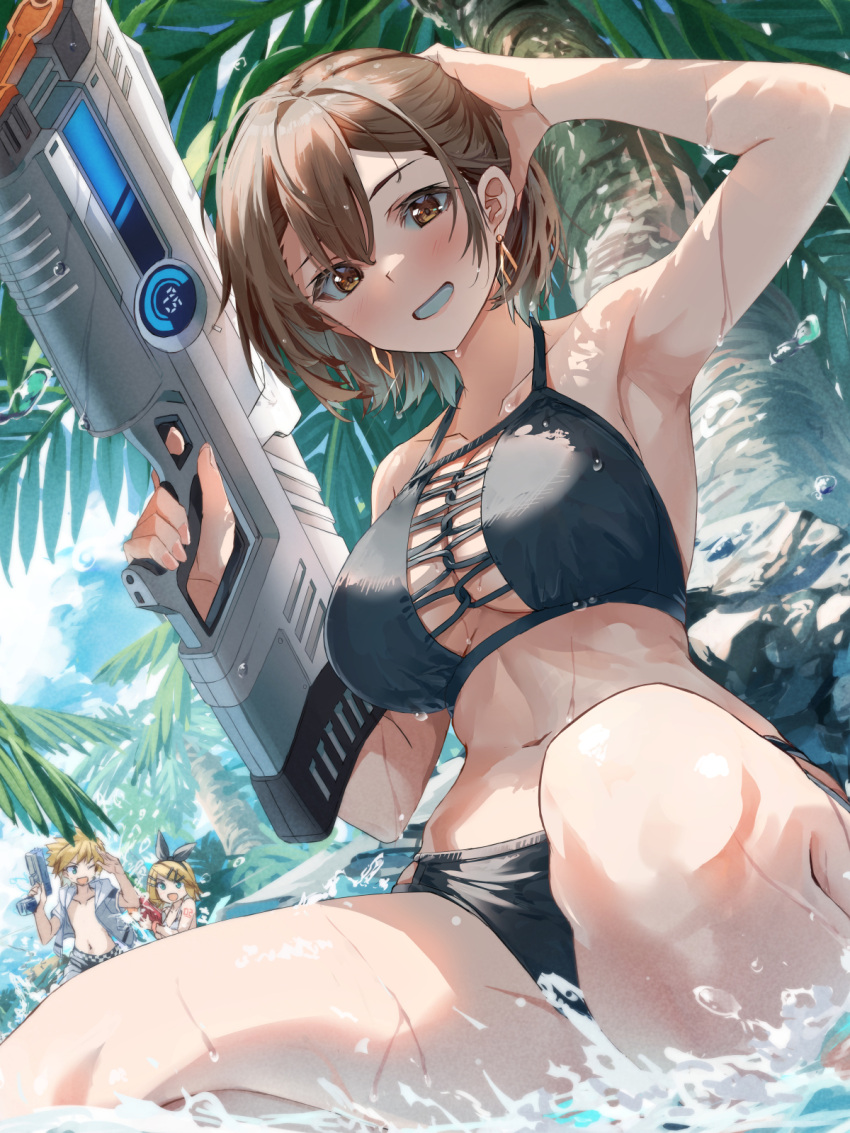 1boy 2girls arm_up armpits bare_arms bare_shoulders bikini black_bikini breasts brown_eyes brown_hair daidou_(demitasse) day finger_on_trigger grin halterneck hand_on_own_head highres holding kagamine_len kagamine_rin large_breasts looking_at_viewer meiko_(vocaloid) multiple_girls navel outdoors palm_tree short_hair sitting smile solo_focus stomach string_bikini swimsuit thighs tree vocaloid water water_gun wet