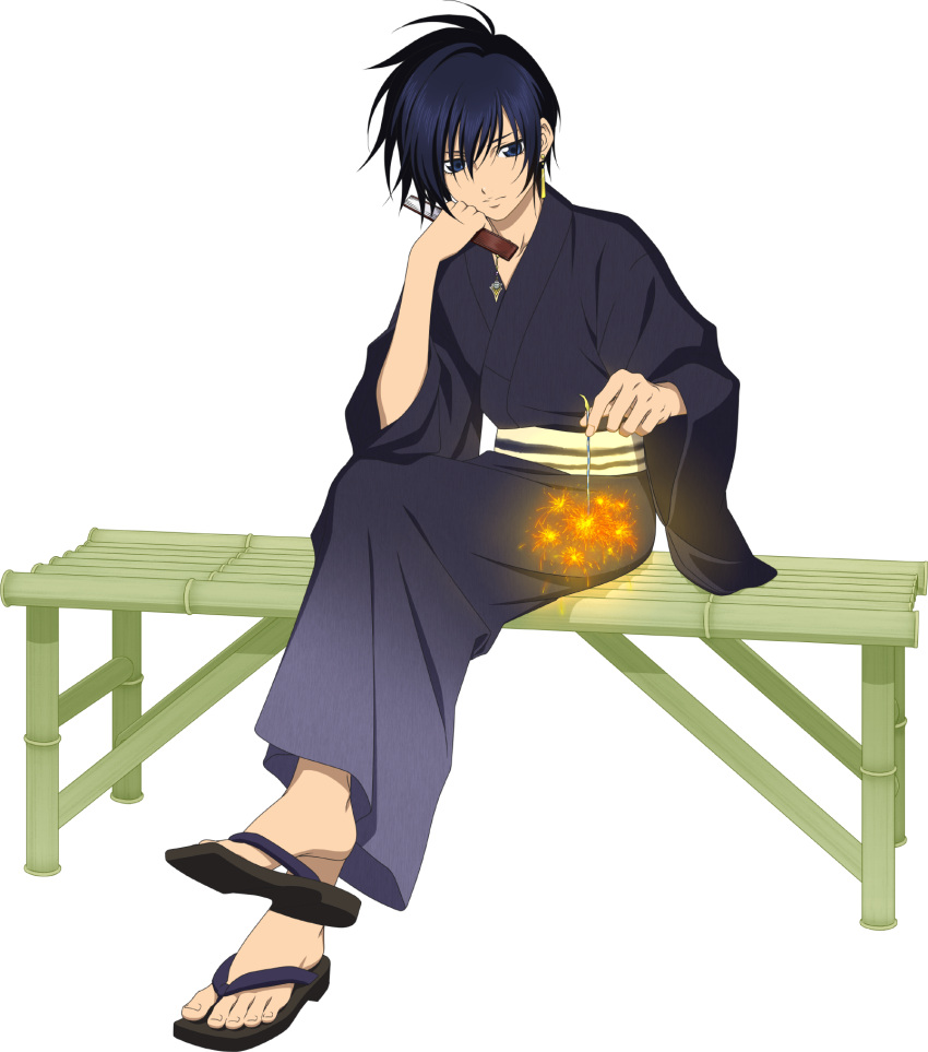 1boy black_hair black_kimono blue_eyes crossed_legs english_commentary feet fingernails full_body hand_fan highres holding holding_fan holding_fireworks japanese_clothes kimono leon_magnus male_focus official_art sandals sitting tales_of_(series) tales_of_asteria tales_of_destiny toenails toes yukata