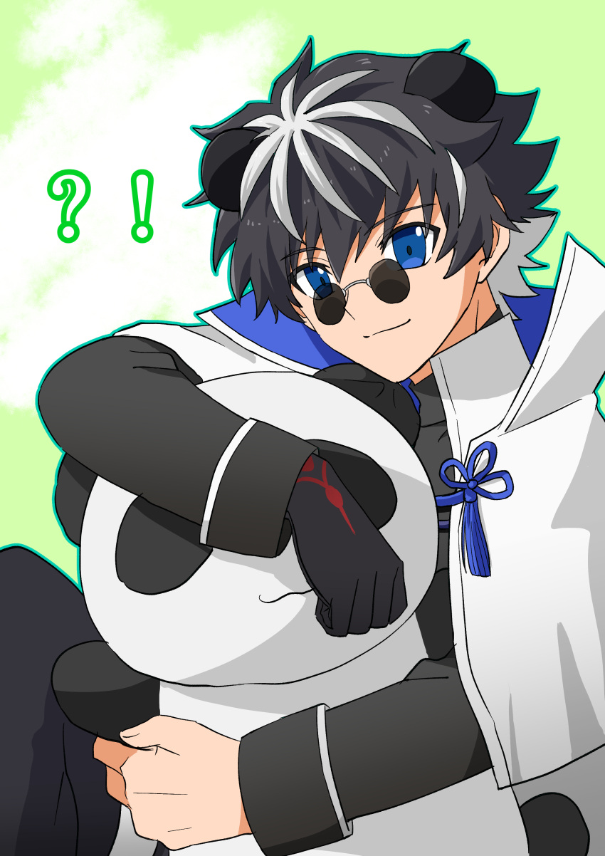 1boy absurdres animal_ears black_hair blue_eyes cape charlemagne_(fate) fate/grand_order fate_(series) gloves highres kikangentei_fr looking_at_viewer male_focus multicolored_hair panda panda_ears round_eyewear short_hair single_glove smile solo streaked_hair stuffed_toy sunglasses two-tone_hair upper_body white_cape white_hair