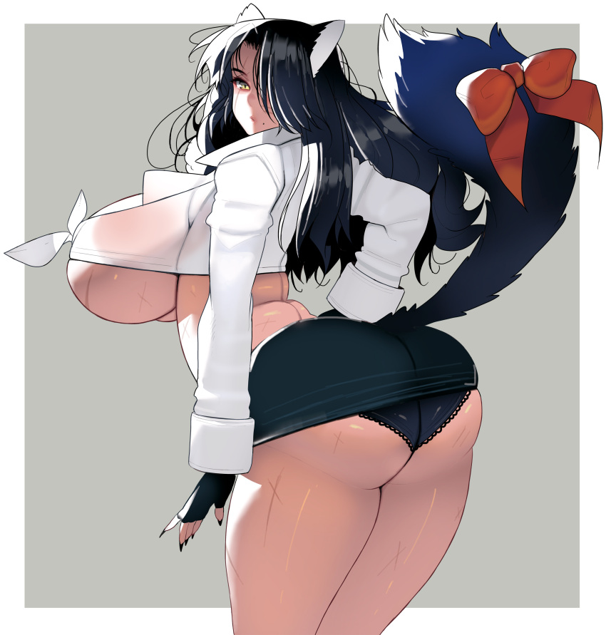 1girl :/ absurdres animal_ears ass black_hair black_nails black_panties black_skirt border bow breasts collared_shirt commission cropped_shirt curvy fingerless_gloves from_behind front-tie_top gloves grey_background hair_over_one_eye highres huge_breasts kouno_(masao) lace-trimmed_panties lace_trim legs_together long_hair looking_at_viewer miniskirt mole mole_under_mouth multiple_scars nail_polish original panties red_bow scar scar_across_eye scar_on_ass scar_on_back scar_on_breasts scar_on_face scar_on_leg scar_on_stomach shirt skeb_commission skindentation skirt solo tail tail_bow tail_ornament tail_through_clothes thick_thighs thighs underboob underwear white_border yellow_eyes