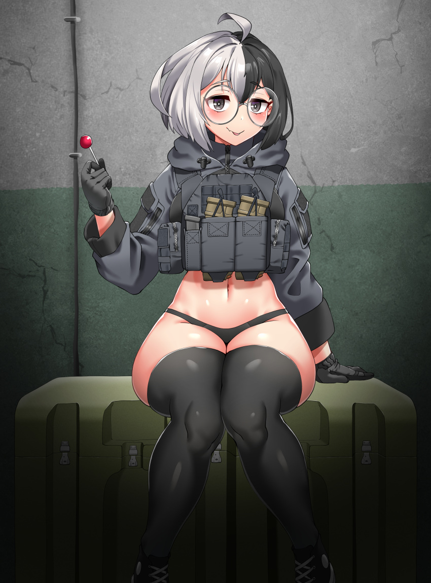 1girl :p absurdres ahoge black_gloves black_hair black_panties black_thighhighs candy closed_mouth crop_top feet_out_of_frame food glasses gloves grey_hair highres holding holding_food kirochef lollipop long_sleeves looking_at_viewer multicolored_hair navel original panties round_eyewear short_hair sitting smile solo stomach thighhighs tongue tongue_out two-tone_hair underwear wall
