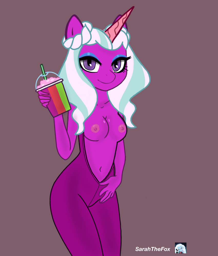 2023 5_fingers absurd_res anthro anthrofied areola beverage blue_hair breasts clothing container cup digital_media_(artwork) equid equine female fingers hair hasbro hi_res holding_object horn humanoid_hands mammal mlp_g5 multicolored_hair my_little_pony navel nipples opaline_(mlp) purple_body purple_eyes purple_skin sarahthefox97 signature smile smoothie standing straw suit two_tone_hair two_tone_tail unicorn unicorn_horn