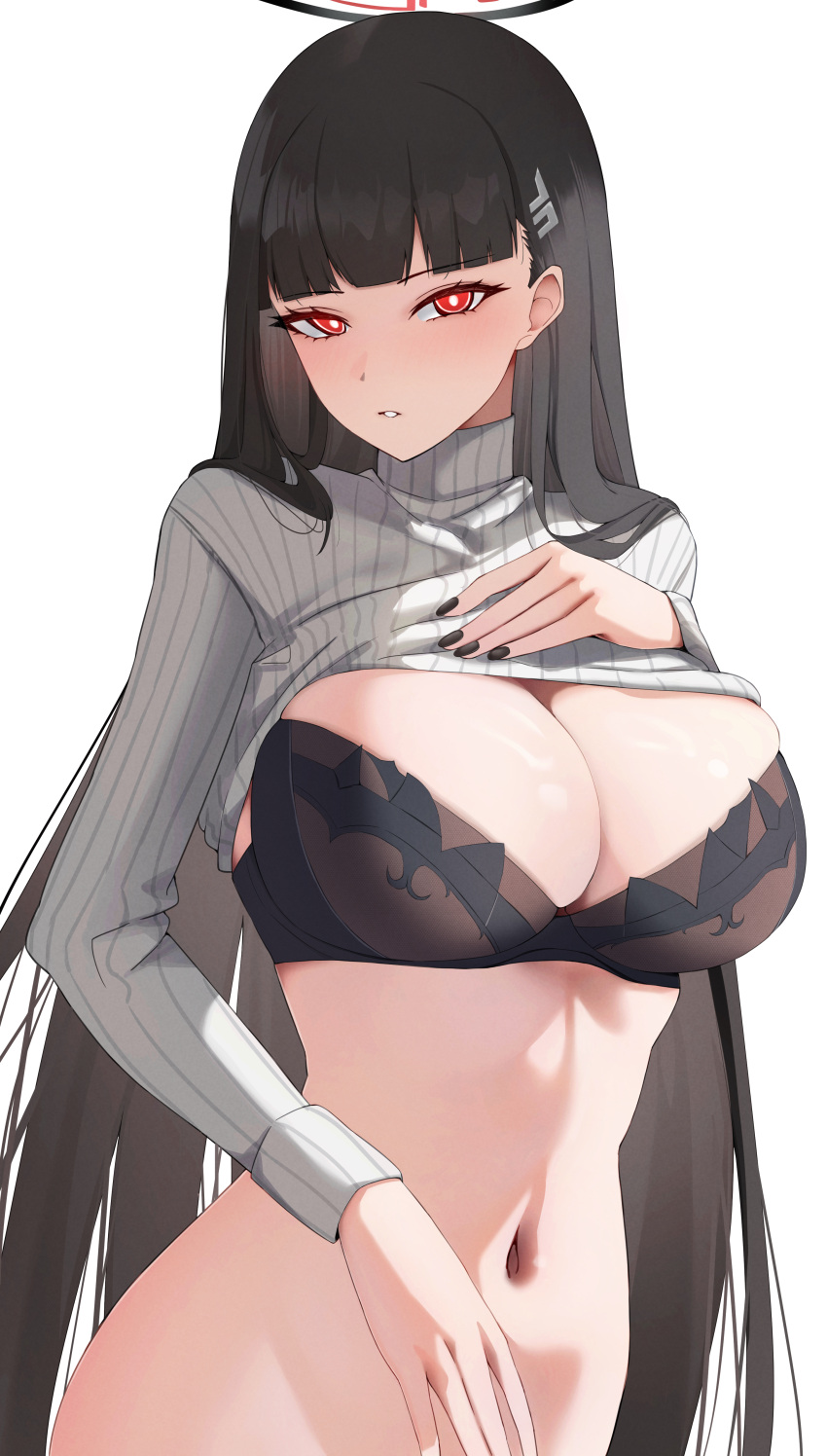 1girl absurdres black_bra black_hair blue_archive blunt_bangs bottomless bra breasts cleavage clothes_lift hair_ornament hairclip halo highres katagirinanoka large_breasts long_hair looking_at_viewer navel red_eyes rio_(blue_archive) simple_background solo stomach sweater sweater_lift turtleneck turtleneck_sweater underwear upper_body very_long_hair white_background