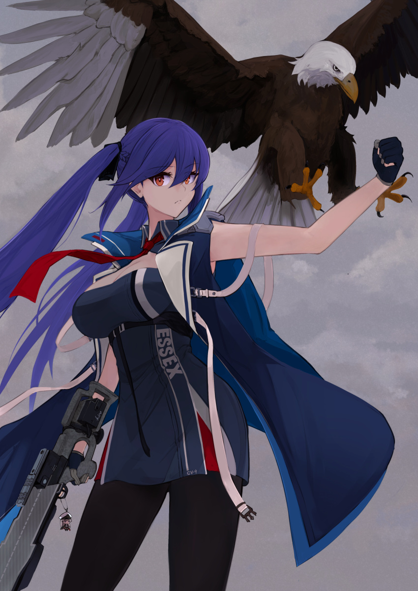 1girl absurdres azur_lane bald_eagle bird black_pantyhose blue_cloak blue_dress blue_hair braid breasts brown_eyes cleavage cloak closed_mouth collared_dress commentary_request crossbow dress eagle enterprise_(azur_lane) essex_(azur_lane) flight_deck french_braid gloves hair_between_eyes hair_ribbon highres large_breasts long_hair looking_at_viewer marshall_k necktie outstretched_arm pantyhose red_necktie ribbon sidelocks sleeveless sleeveless_dress solo standing twintails very_long_hair