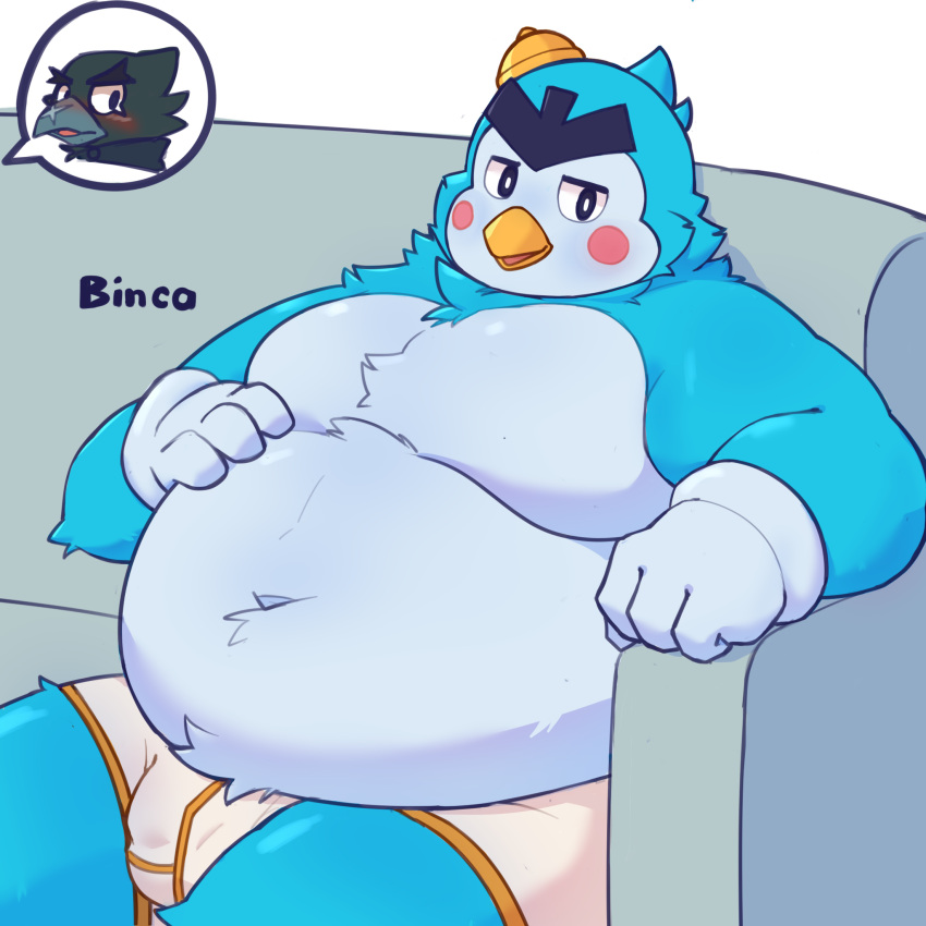 anthro avian binca_233 bird blue_body briefs clothing corvid corvus_(genus) crow crow_(brawl_stars) duo furniture gloves handwear hat headgear headwear hi_res male mr.p_(brawl_stars) oscine overweight overweight_anthro overweight_male passerine penguin sitting sofa underwear