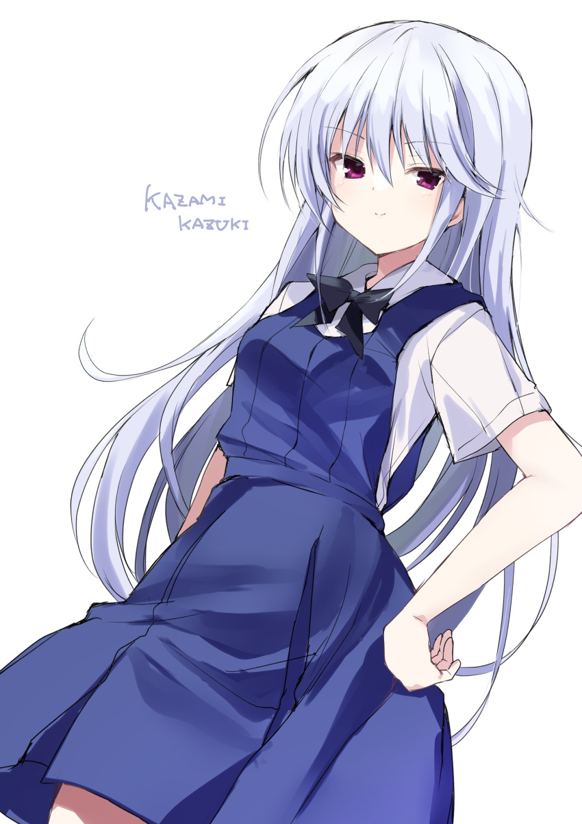 &gt;:) 1girl arm_at_side black_bow black_bowtie blue_dress bow bowtie breasts character_name closed_mouth commentary_request cowboy_shot dress from_below grisaia_(series) grisaia_no_kajitsu hair_between_eyes hand_on_own_hip highres kazami_kazuki light_blush long_hair looking_at_viewer purple_eyes school_uniform shirt short_sleeves sidelocks simple_background sleeveless sleeveless_dress small_breasts smile smug solo standing takepoison tsurime v-shaped_eyebrows very_long_hair white_background white_hair white_shirt