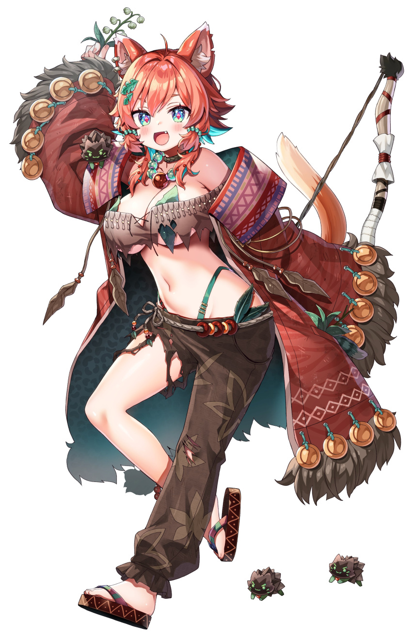 1girl absurdres ahoge animal_ear_fluff animal_ears asymmetrical_pants ayaoshiro bandeau bead_necklace beads blue_eyes bow_(weapon) breasts brown_bandeau brown_pants cleavage coat collarbone diamond-shaped_pupils diamond_(shape) earrings fang full_body fur-trimmed_coat fur_trim hair_ornament highleg highleg_panties highres holding holding_bow_(weapon) holding_plant holding_weapon jewelry large_breasts leaf_bra leaf_hair_ornament leaf_print midriff mozumi_pichi navel necklace off_shoulder open_clothes open_coat open_mouth orange_hair panties pants pink_pupils plant red_coat sandals second-party_source shoulder_tattoo sleeves_past_wrists solo symbol-shaped_pupils tail tattoo torn_clothes torn_pants tribal underwear v-dere weapon wolf_ears wolf_girl wolf_tail