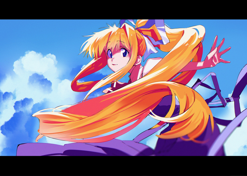 1girl absurdres air_(visual_novel) ascot blonde_hair blue_eyes blue_sky bow cloud day floating_hair hair_bow highres kamio_misuzu kitou_sakeru letterboxed long_hair long_sleeves looking_at_viewer outstretched_arm ponytail puffy_sleeves red_ascot school_uniform shirt short_sleeves sidelocks single_hair_intake skirt sky solo suspender_skirt suspenders very_long_hair white_bow