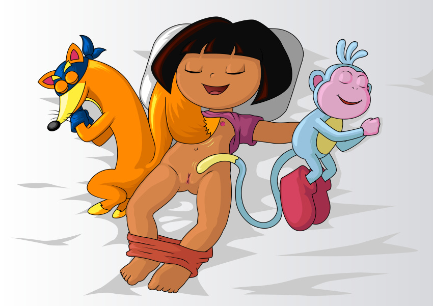 absurd_res barefoot bed black_hair boots_(dora_the_explorer) bottomwear bottomwear_pull canid canine clothing clothing_pull dark_body dark_skin dora_marquez dora_the_explorer eyes_closed feet female fenyxstriker fox furniture genitals group hair haplorhine happy hi_res human latina male male/female mammal monkey nickelodeon on_bed pants pants_pull pillow primate pussy short_hair sleeping swiper_(dora_the_explorer) tail tired trio young
