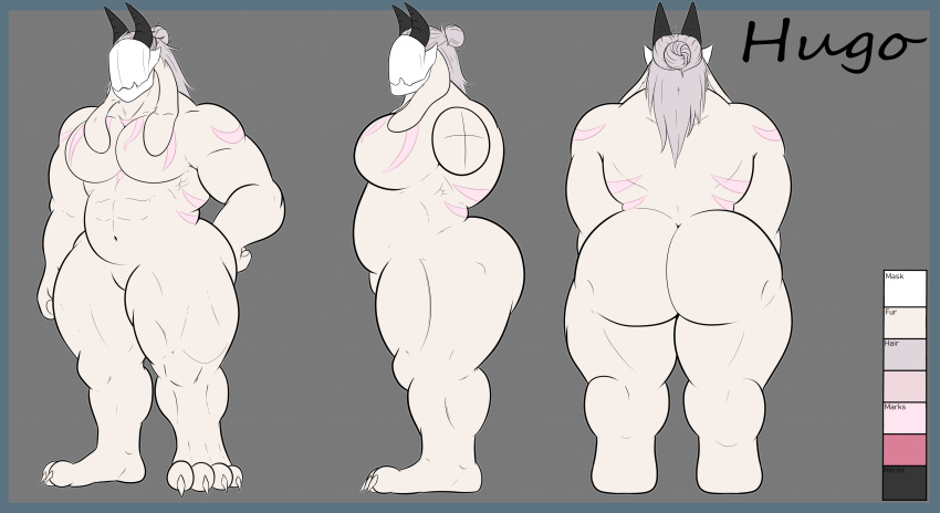 absurd_res alternate_version_at_source anthro big_butt butt fuzzylynx hair hi_res horn invalid_tag male mask monster ponytail solo thick_thighs