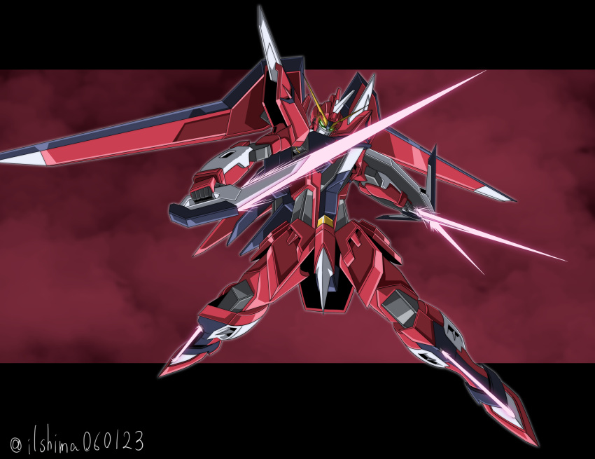 absurdres beam_saber commentary dual_wielding energy_blade energy_sword glowing glowing_eyes green_eyes gundam gundam_seed gundam_seed_freedom highres holding holding_sword holding_weapon immortal_justice_gundam leg_blade looking_at_viewer mecha mobile_suit no_humans red_background robot shield shimashun solo sword twitter_username v-fin weapon