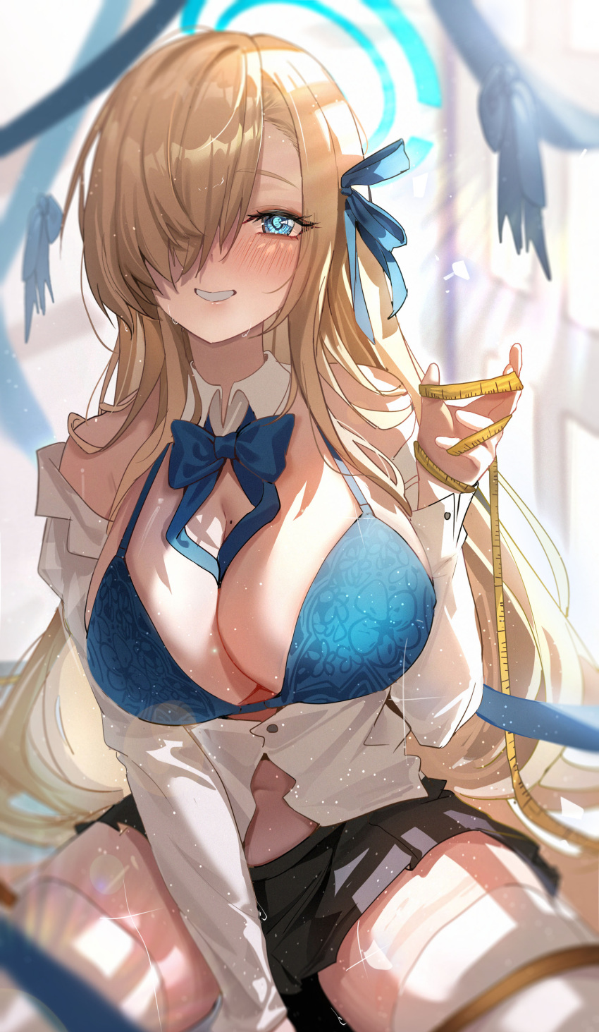 1girl absurdres asuna_(blue_archive) asymmetrical_bangs blue_archive blue_bow blue_bowtie blue_eyes bow bowtie bra breasts cleavage detached_collar grin hair_over_one_eye hair_ribbon halo highres lace-trimmed_bra lace_trim large_breasts light_brown_hair long_bangs long_hair long_sleeves looking_at_viewer mole mole_on_breast partially_unbuttoned ribbon skirt smile solo sweat tansuan_(ensj3875) tape_measure thighhighs thighs underwear