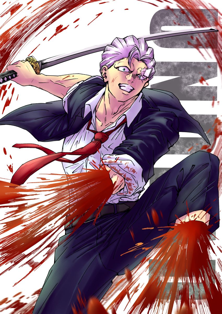 1boy absurdres andy_(undead_unluck) black_jacket black_pants bleeding blood blood_on_face blood_spray blue_eyes grey_hair grin highres holding holding_sword holding_weapon jacket looking_at_viewer male_focus necktie pants red_necktie scar severed_limb shirt short_hair smile solo sword undead_unluck vega82274060 weapon white_shirt