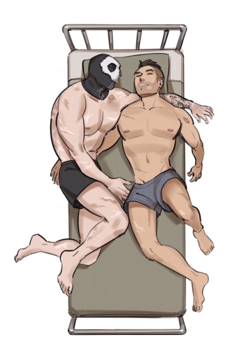 2boys 5i2 abs arm_around_shoulder bara beard bed black_male_underwear boxers call_of_duty:_modern_warfare_2 couple cross_scar dark-skinned_male dark_skin drooling facial_hair from_above full_body ghost_(modern_warfare_2) grey_male_underwear highres large_pectorals lying male_focus male_underwear mask mature_male mouth_drool multiple_boys muscular muscular_male nipples on_back on_side pectorals scar scar_on_arm scar_on_chest scar_on_leg scar_on_stomach short_hair sideburns skull_mask sleeping soap_(modern_warfare_2) stomach topless_male underwear underwear_only yaoi