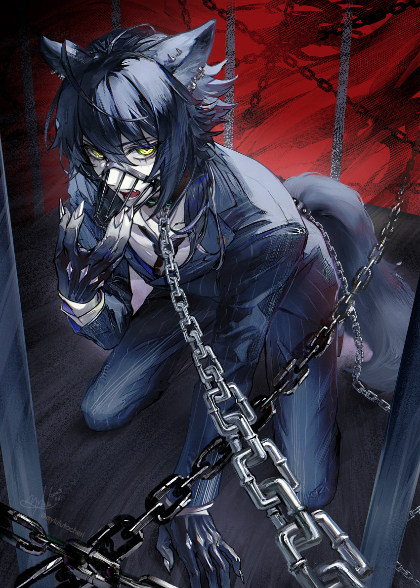 1boy abstract_background absurdres ahoge animal_ears arknights arm_support black_gloves black_hair black_necktie black_suit cage chain collared_shirt commentary ear_piercing eyelashes formal full_body gloves hand_up highres in_cage kneeling looking_at_viewer male_focus muzzle myluche necktie open_mouth piercing pinstripe_pattern pinstripe_suit red_background shirt solo striped suit symbol-only_commentary tail vigil_(arknights) white_shirt wolf_boy wolf_tail yellow_eyes