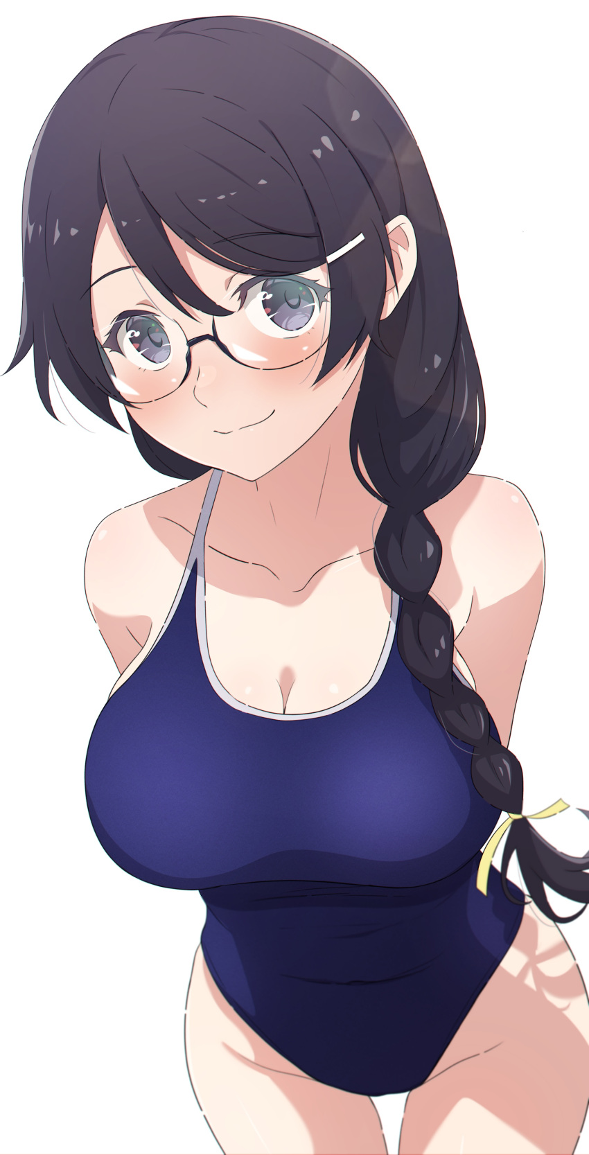 1girl absurdres arms_behind_back bare_shoulders black_eyes black_hair blue_one-piece_swimsuit braid braided_ponytail breasts camui1104 cleavage closed_mouth collarbone commentary competition_school_swimsuit glasses hair_ornament hair_over_shoulder hair_ribbon hairclip hanekawa_tsubasa highres large_breasts light_blush looking_at_viewer low_ponytail monogatari_(series) one-piece_swimsuit ribbon school_swimsuit shadow simple_background smile solo standing swimsuit thigh_gap white_background yellow_ribbon